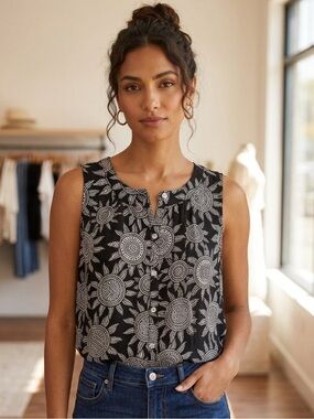 Jane + Delancey Sleeveless Black & Tan Sun Printed Tank Top Women's Size Small